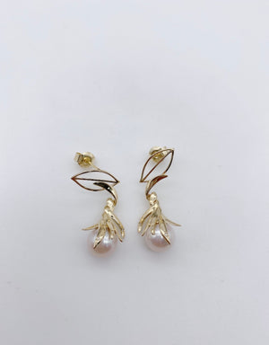 Freshwater Pearl Leaf Dangle Drop with Diamonds Earrings - Sharon-I